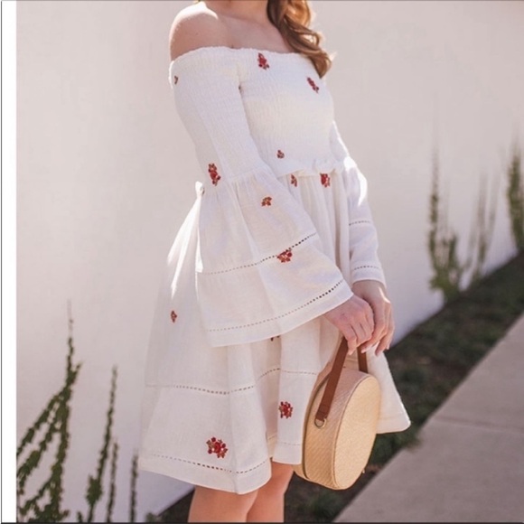 EMBROIDERED OFF THE SHOULDER FREE PEOPLE DRESS FLORAL Boho Pockets Vacation - Picture 2 of 16